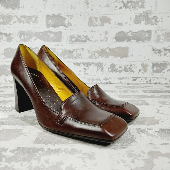 Nine West Nehemy Brown Leather Slip On Square Toe Block Heel shoes - Picture 4 of 12